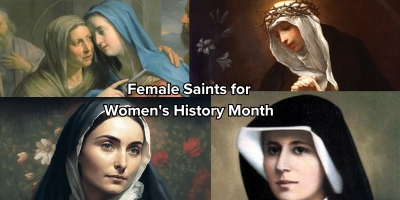 Header image comprises photos of St. Catherine of Siena, St. Elizabeth, St. Faustina, and St. Bernadette.